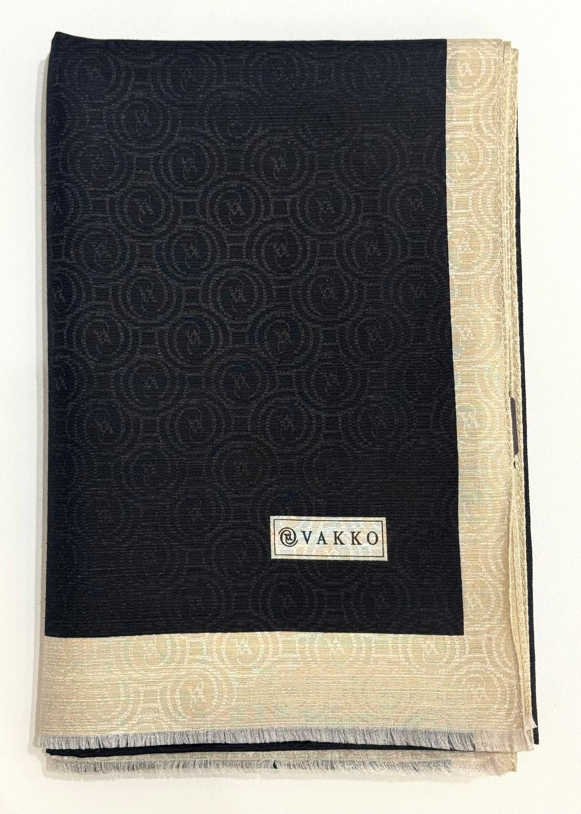 Vakko  Pamuk İpek Şeritli Monogram Şal 41728-Siyah Ekru