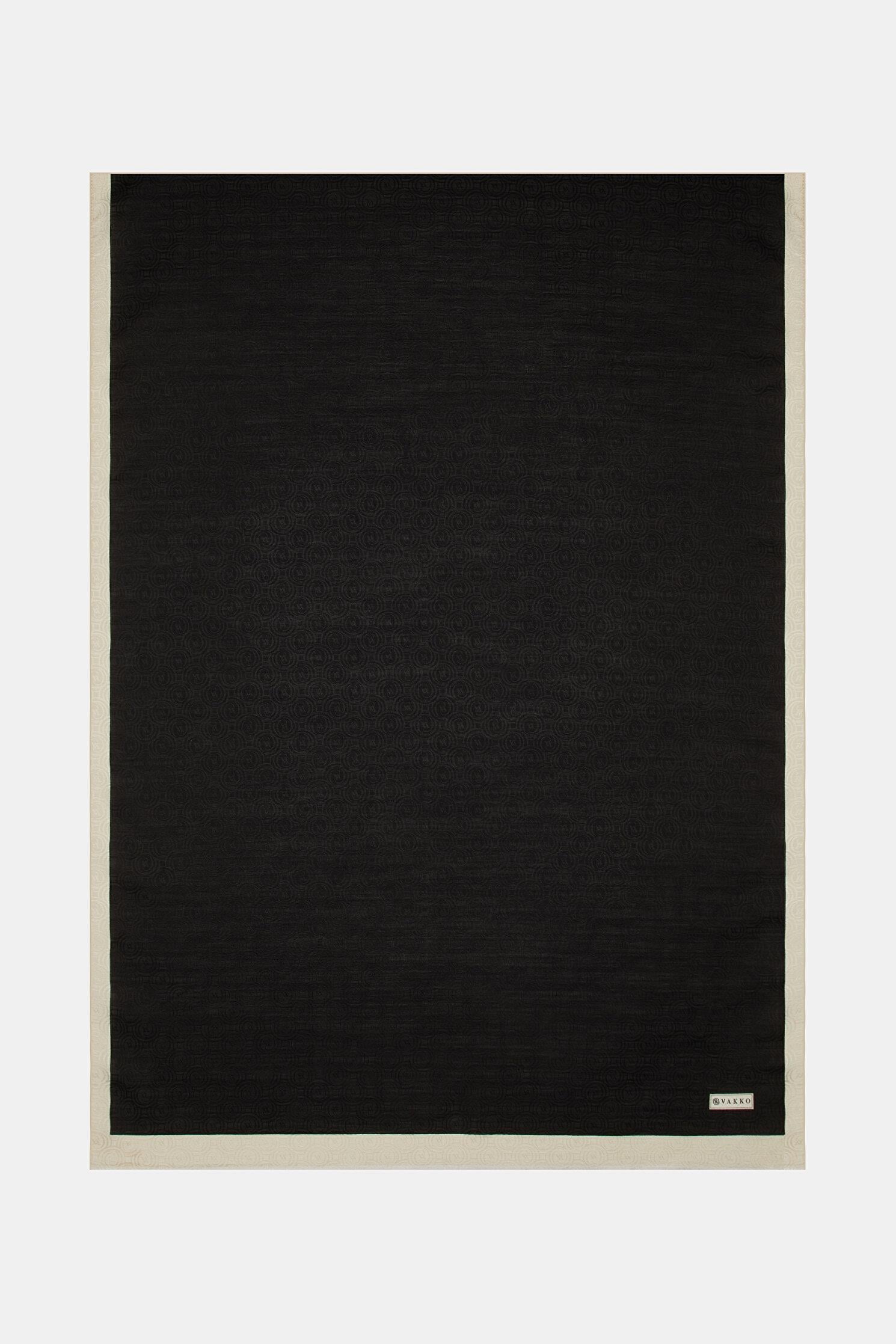 Vakko  Pamuk İpek Şeritli Monogram Şal 41728-Siyah Ekru