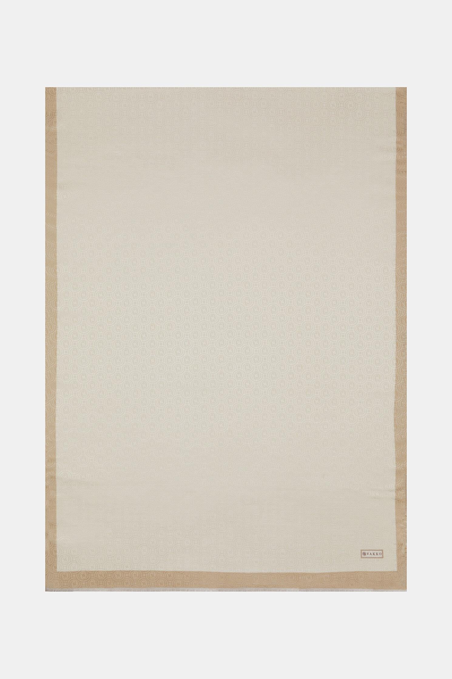 Vakko  Pamuk İpek Şeritli Monogram Şal 41728-Ekru