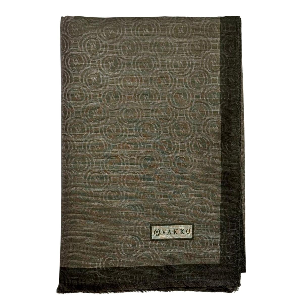 Vakko Pamuk İpek Şeritli Monogram Şal 41728-Koyu Haki