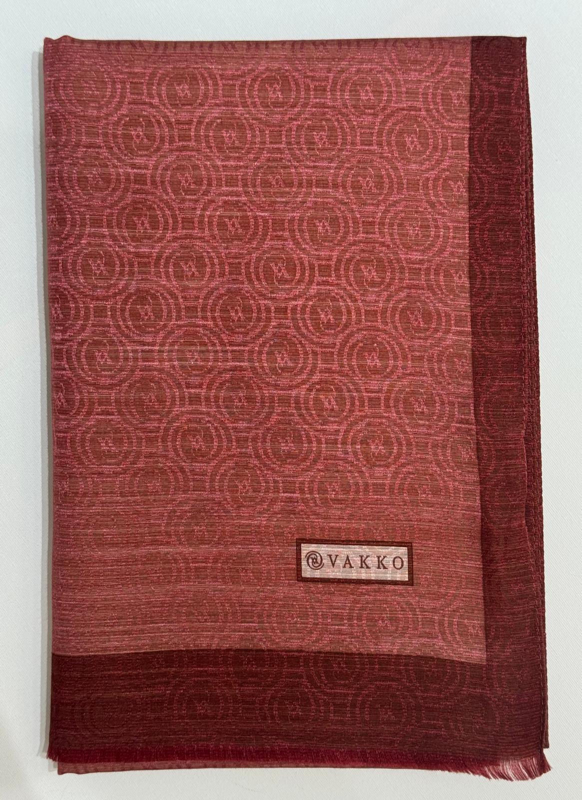 Vakko  Pamuk İpek Şeritli Monogram Şal 41728-Kızıl Kahve