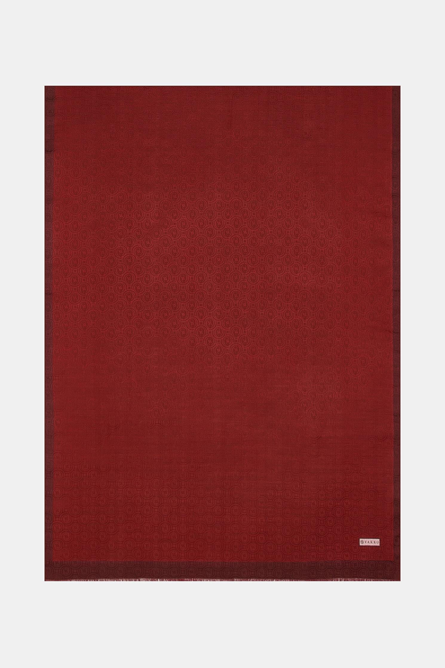 Vakko  Pamuk İpek Şeritli Monogram Şal 41728-Koyu Kırmızı