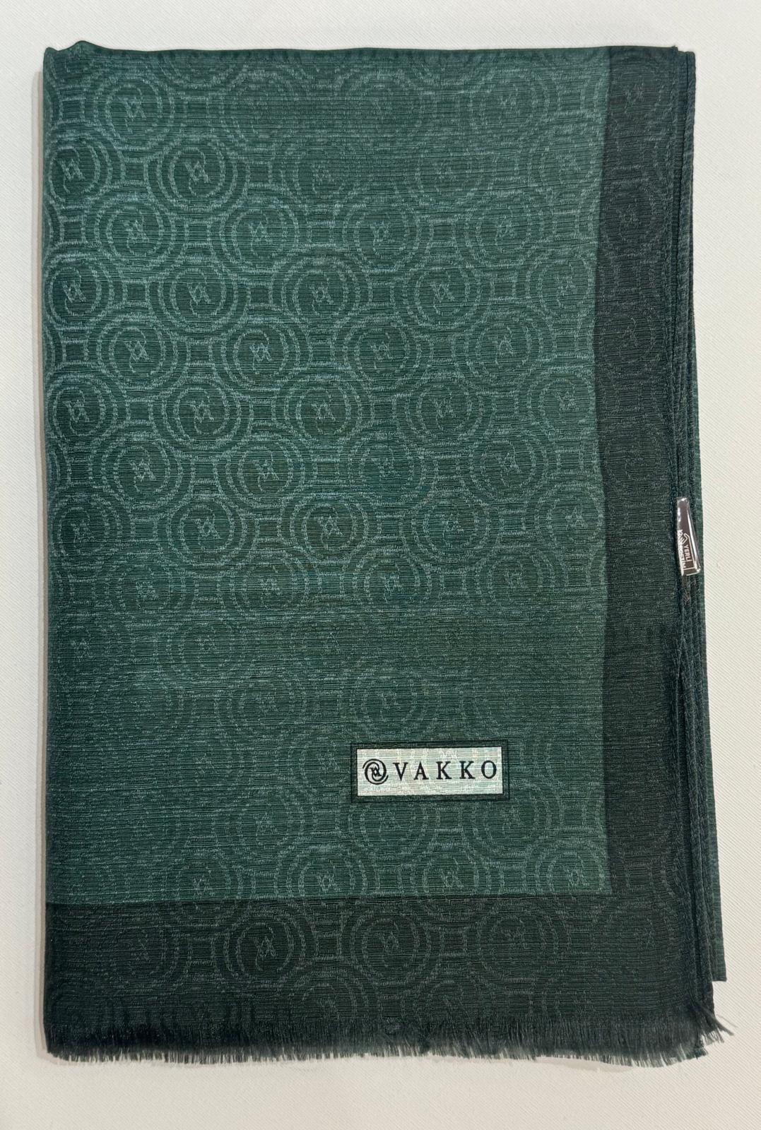 Vakko  Pamuk İpek Şeritli Monogram Şal 41728-Zümrüt Yeşili