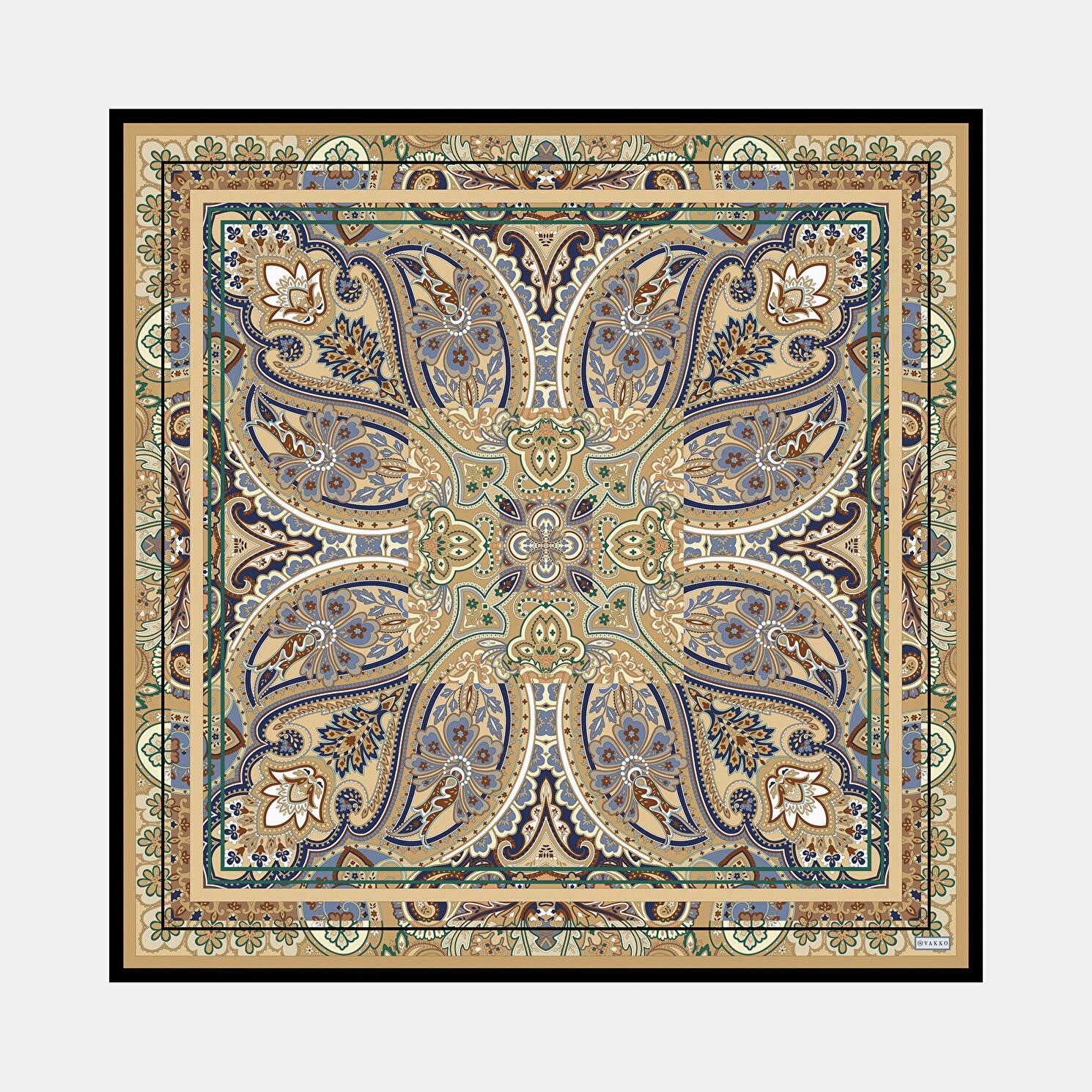 Vakko Şal Desenli İpek Eşarp 41489-Camel