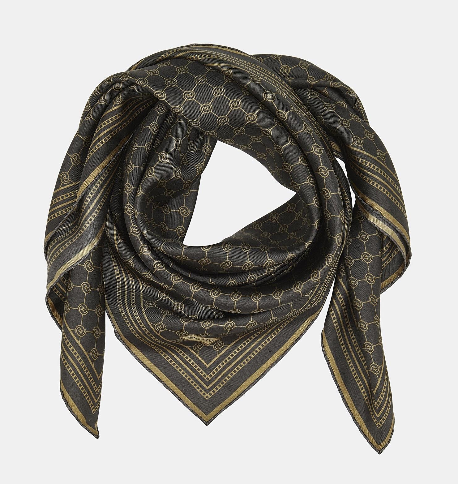Vakko Tivil İpek Monogram Eşarp 37144-Koyu Kahve Camel