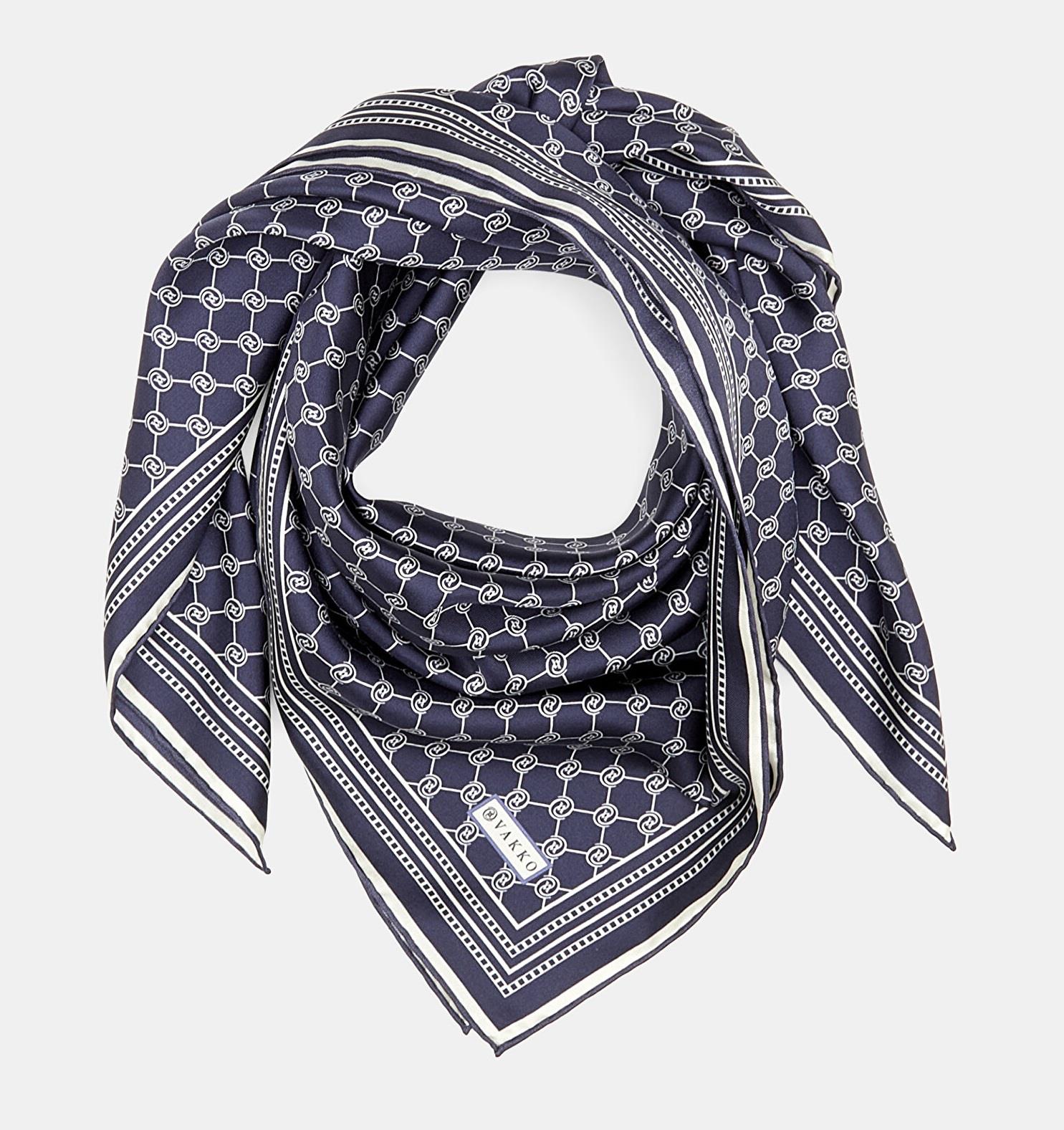 Vakko Tivil İpek Monogram Eşarp 37144-Lacivert Ekru