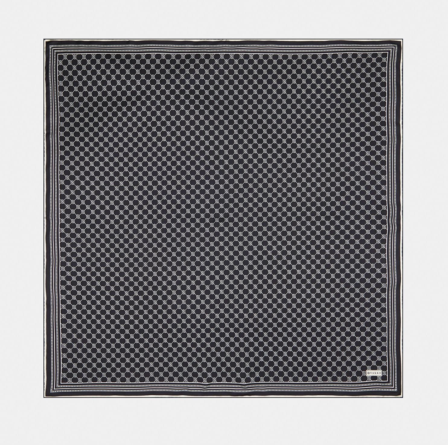 Vakko Tivil İpek Monogram Eşarp 37144-Siyah Ekru