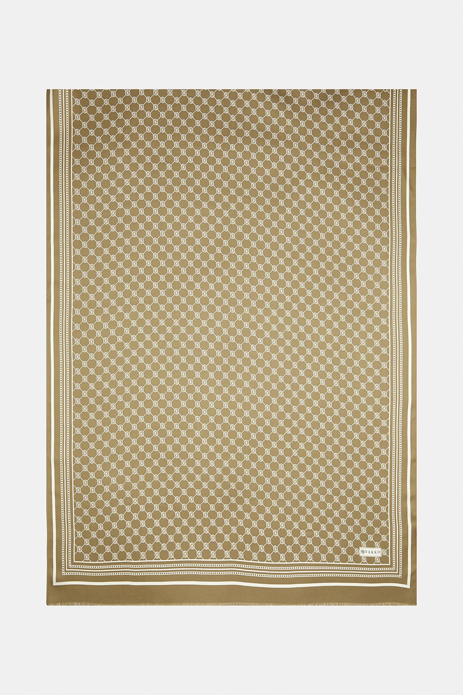 Vakko Tivil İpek Monogram Şal 37307-Açık Kahve Ekru