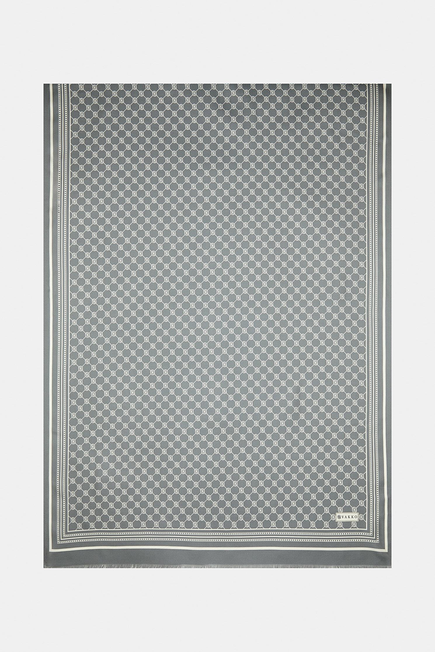 Vakko Tivil İpek Monogram Şal 37307-Gri Ekru