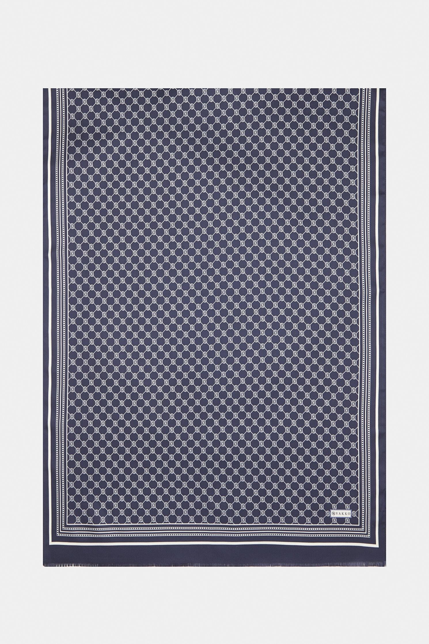 Vakko Tivil İpek Monogram Şal 37307-Lacivert Ekru