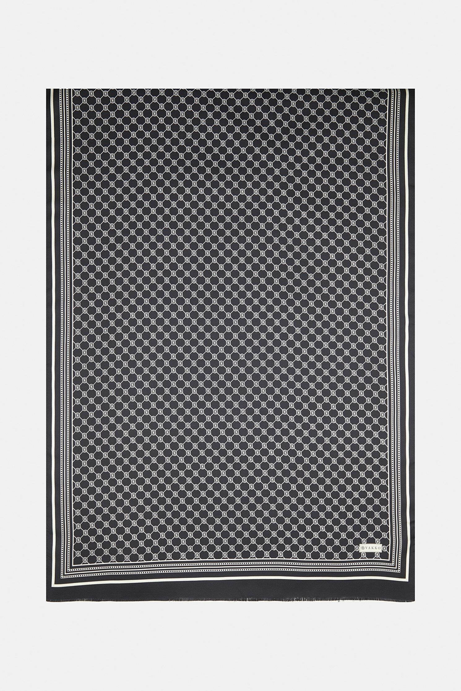 Vakko Tivil İpek Monogram Şal 37307-Siyah Ekru