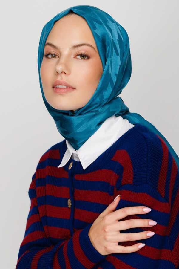 Valor Scarf  Kazayağı Desenli İpeksi Jakarlı Şal 06112024-Petrol Mavisi