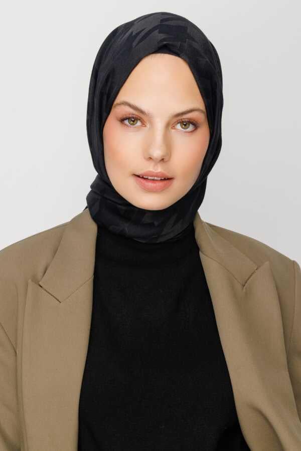 Valor Scarf  Kazayağı Desenli İpeksi Jakarlı Şal 06112024-Siyah