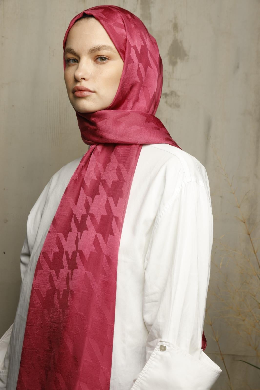 Valor Scarf  Kazayağı Desenli İpeksi Jakarlı Şal 06112024-Lilyum Pembe