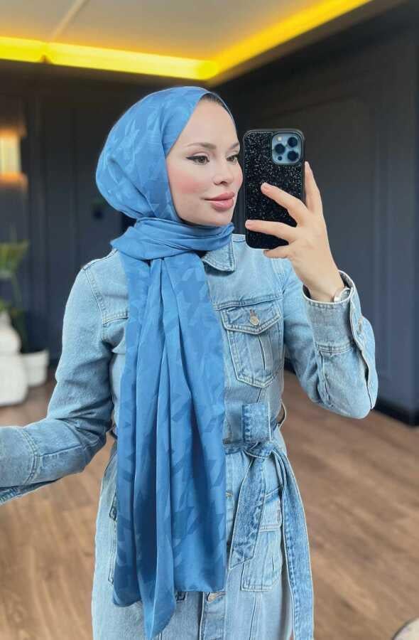 Valor Scarf  Kazayağı Desenli İpeksi Jakarlı Şal 06112024-Göl Mavi