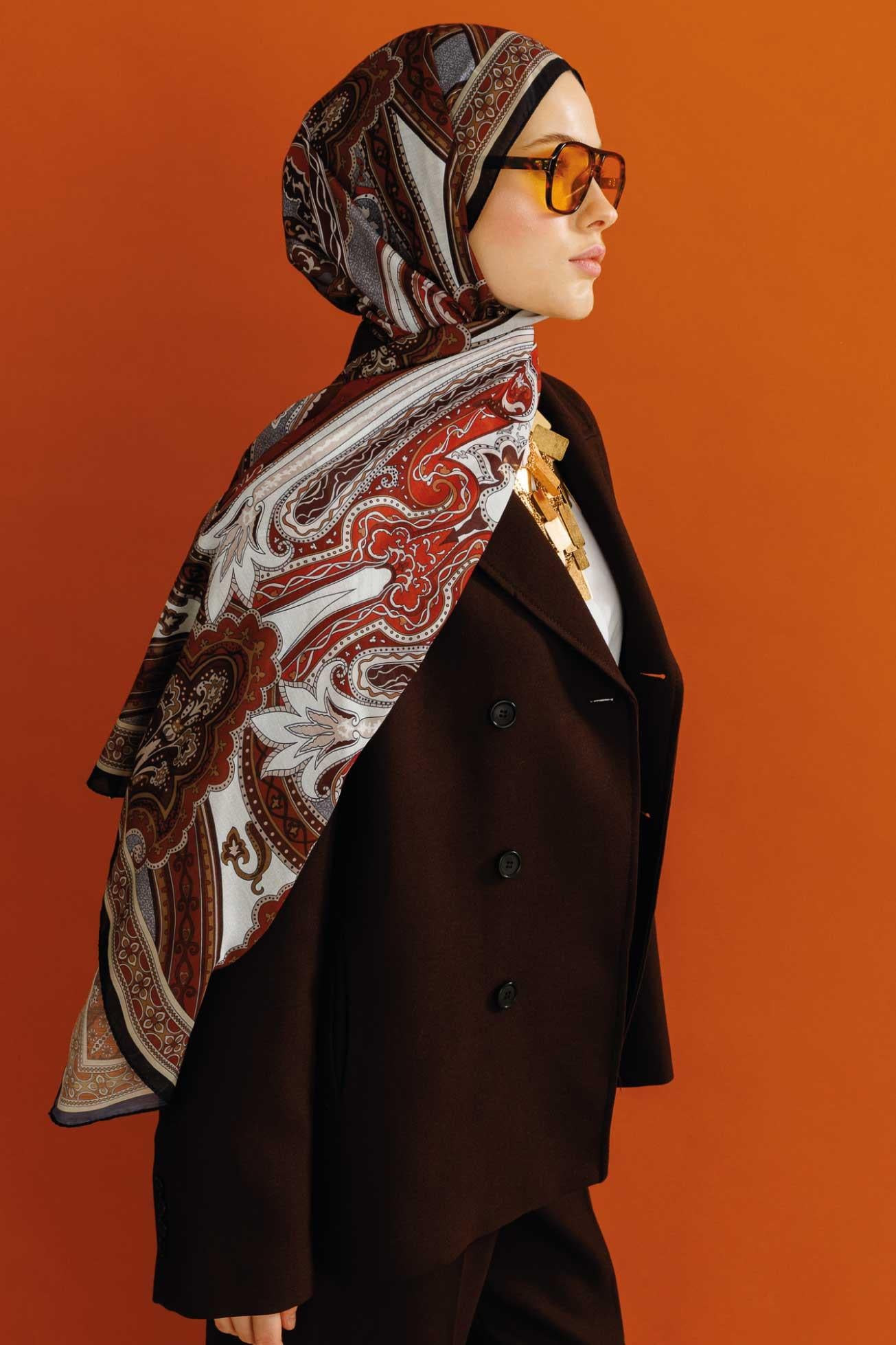 Valor Scarf Vintage Breeze Retro Desen Şal 2524-Altın Kahve