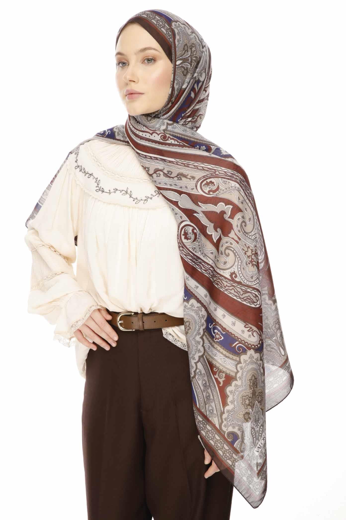 Valor Scarf Vintage Breeze Retro Desen Şal 2524-Bitter