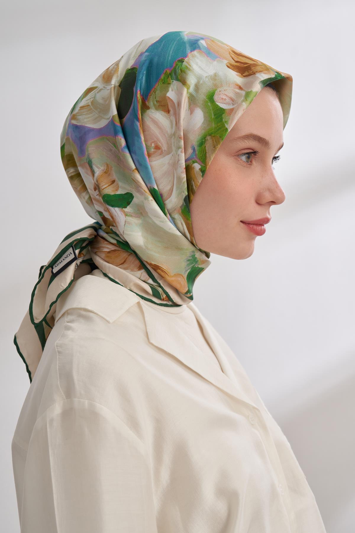 Armanda Abstract Desen Tivil İpek Eşarp 4359-Su Yeşili