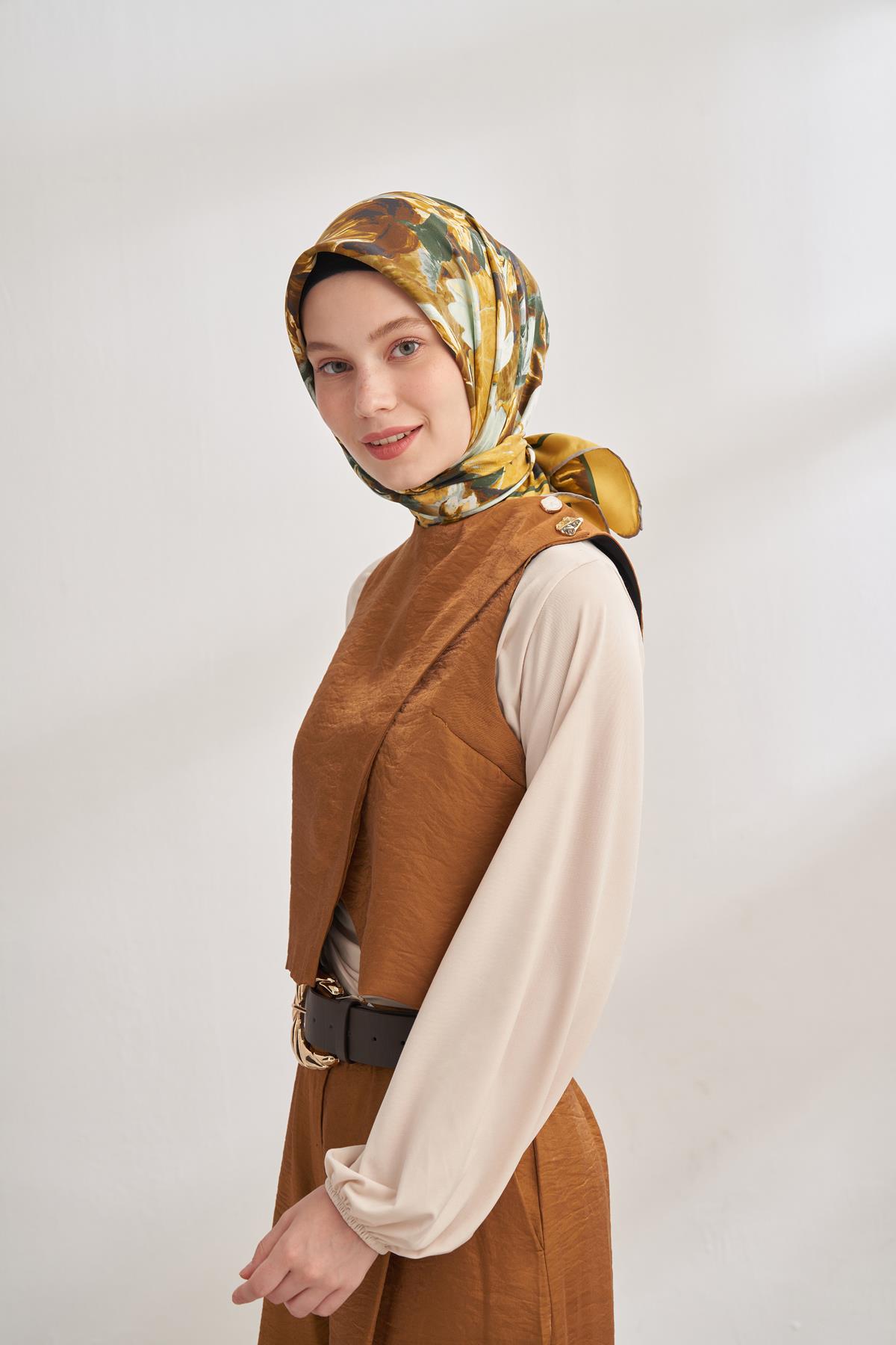 Armanda Abstract Desen Tivil İpek Eşarp 4359-Yağ Yeşili