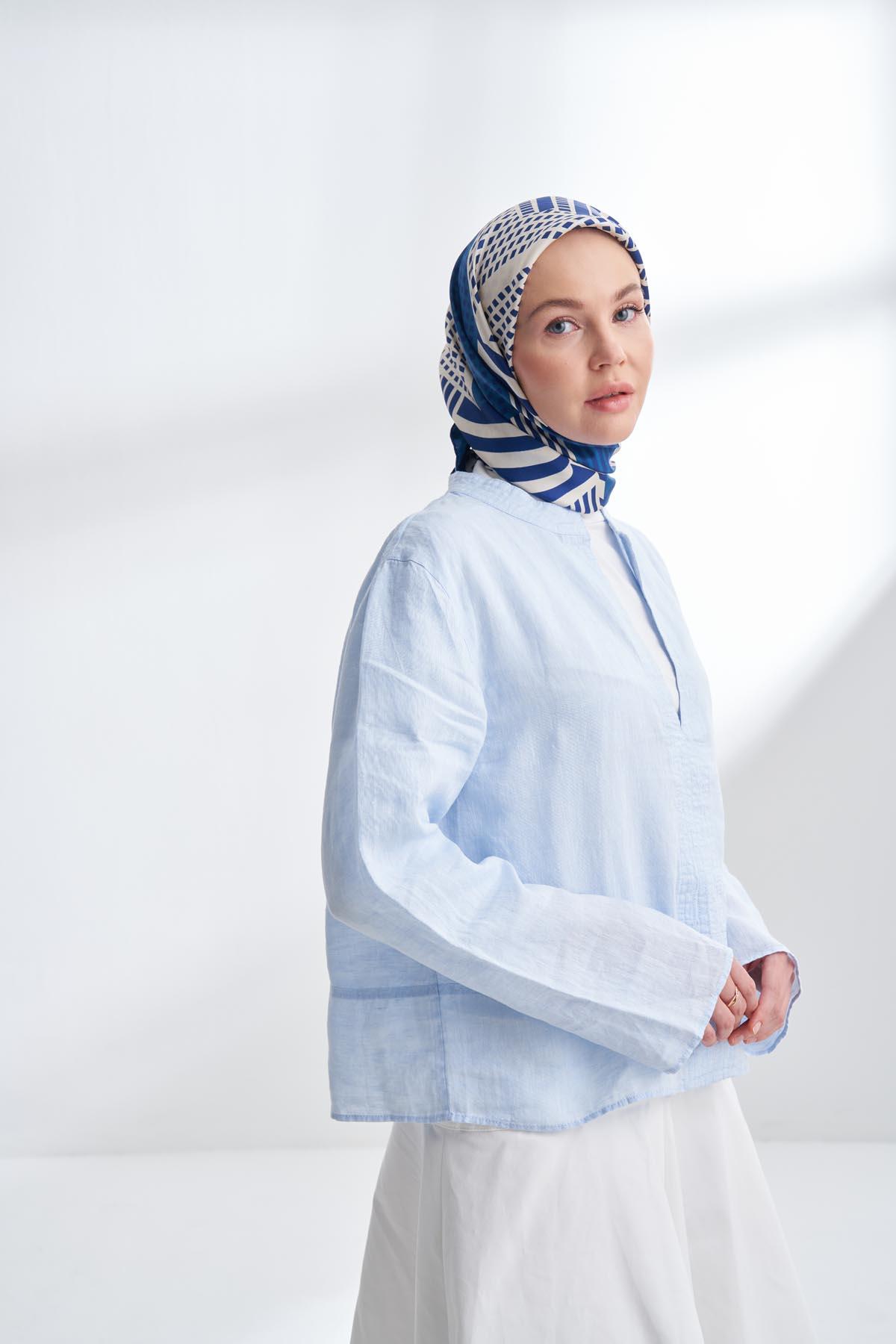 Armanda Archway Desen Tivil İpek Eşarp 4302-İndigo