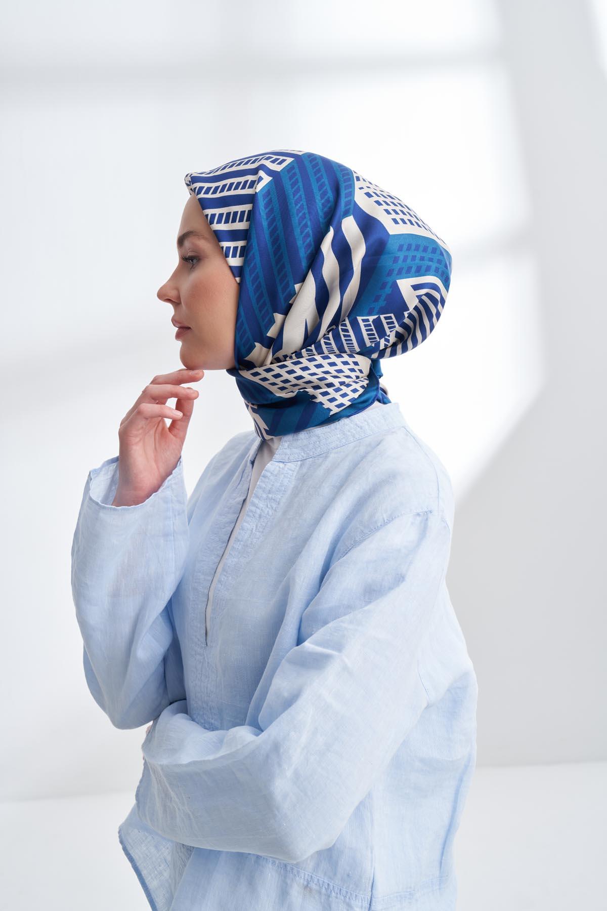 Armanda Archway Desen Tivil İpek Eşarp 4302-İndigo