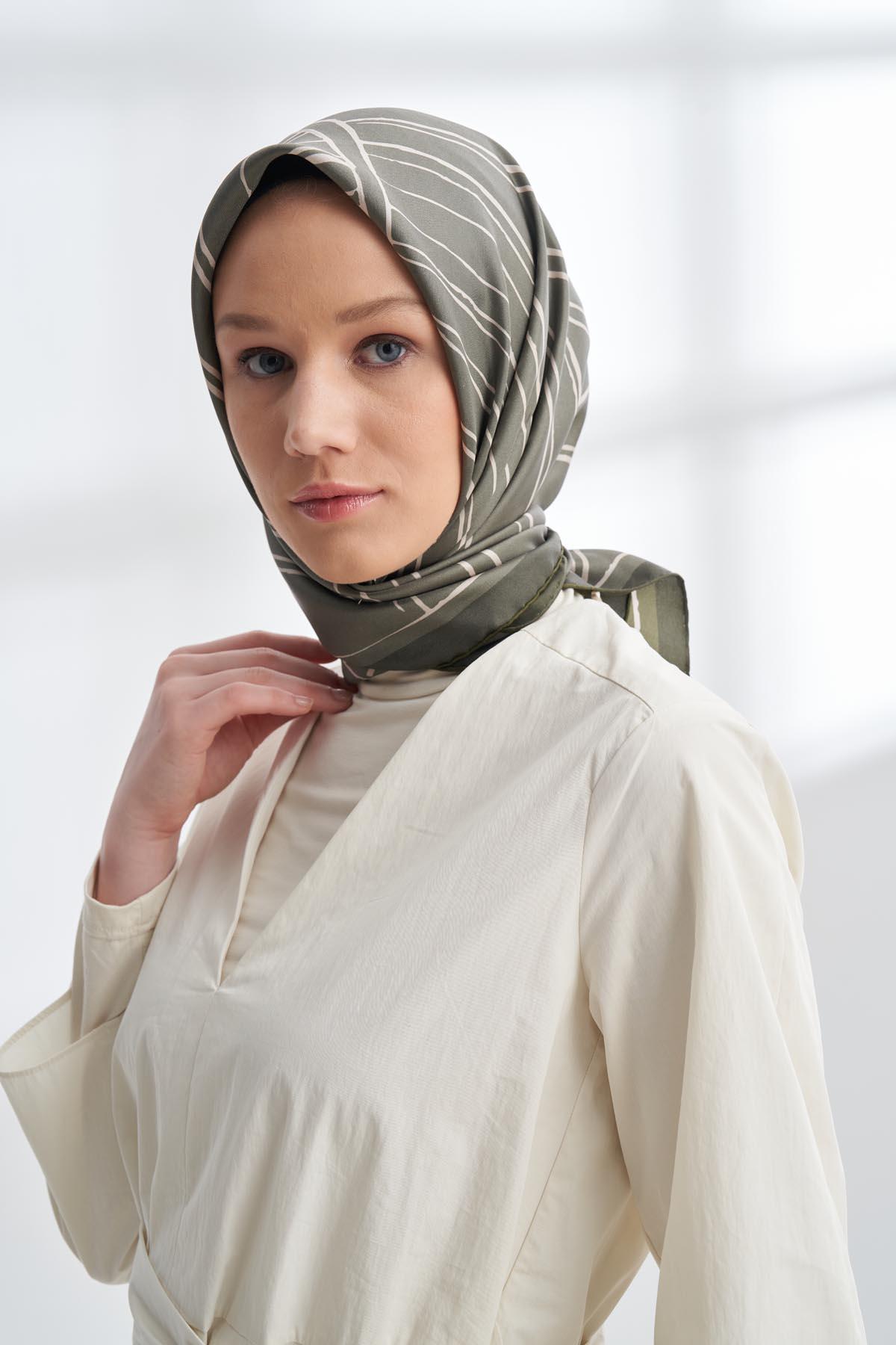 Armanda Çift Taraflı Marbling Desen Tivil İpek Eşarp 4309-Keten Yeşili