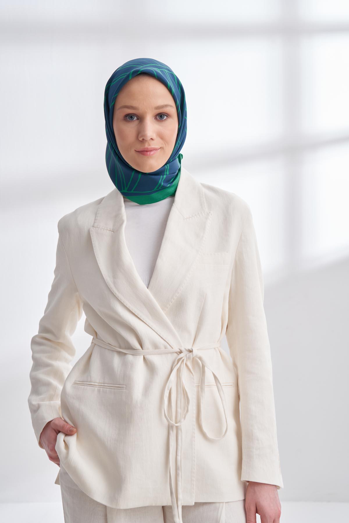 Armanda Çift Taraflı Marbling Desen Tivil İpek Eşarp 4309-Lacivert Benetton