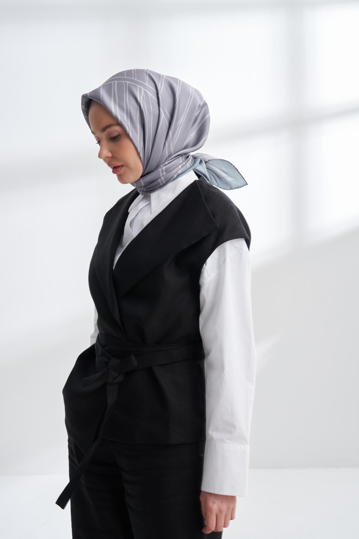 Armanda Çift Taraflı Marbling Desen Tivil İpek Eşarp 4309-Gri Füme