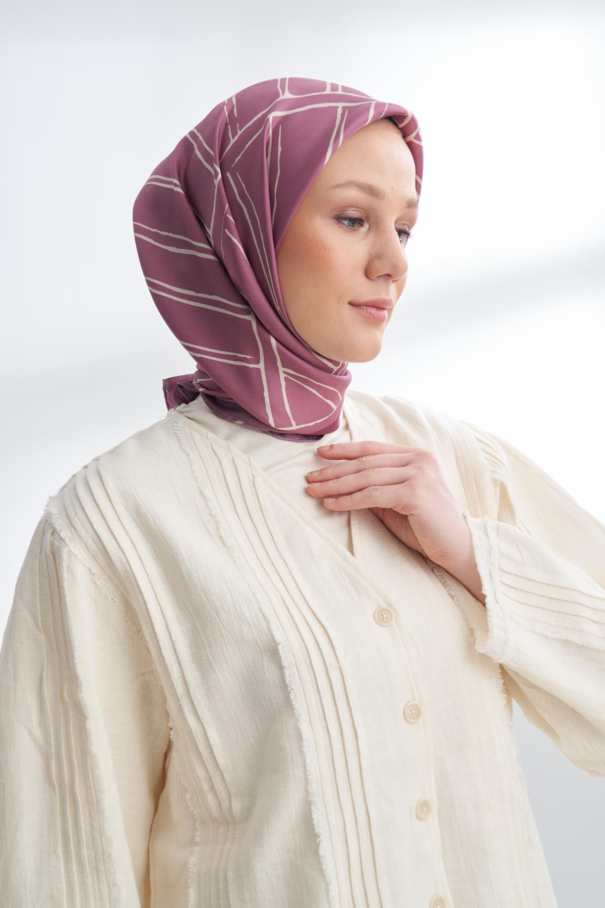 Armanda Çift Taraflı Marbling Desen Tivil İpek Eşarp 4309-Koyu Pudra -Gül Kurusu