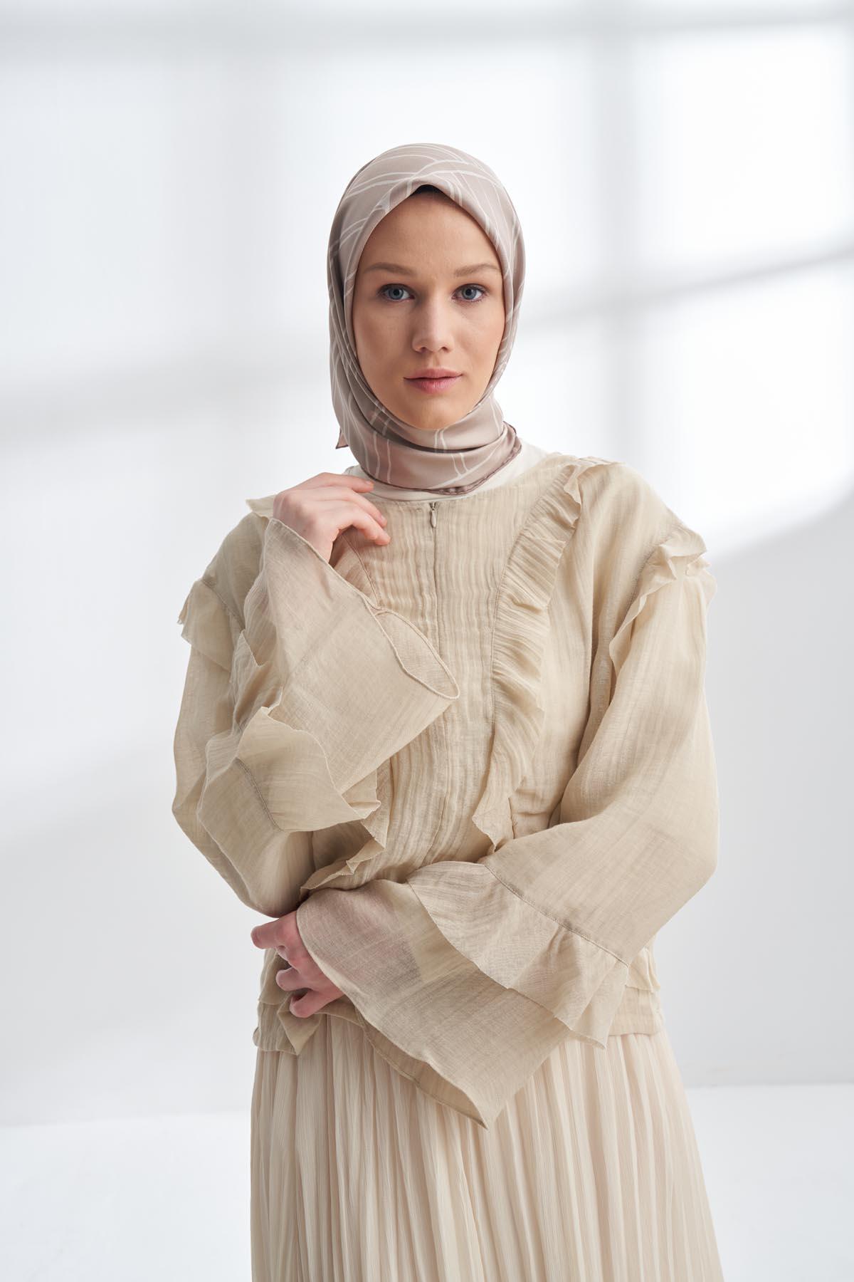 Armanda Çift Taraflı Marbling Desen Tivil İpek Eşarp 4309-Vizon