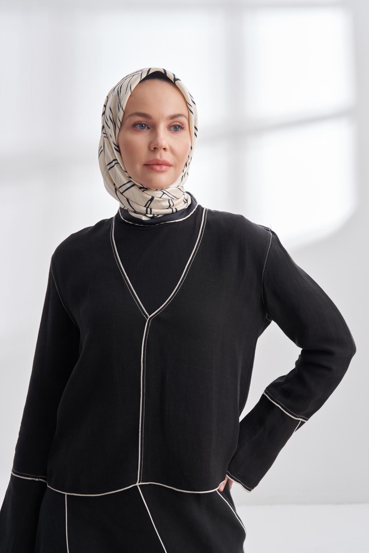 Armanda Çift Taraflı Marbling Desen Tivil İpek Eşarp 4309-Krem Siyah-Krem Lacivert