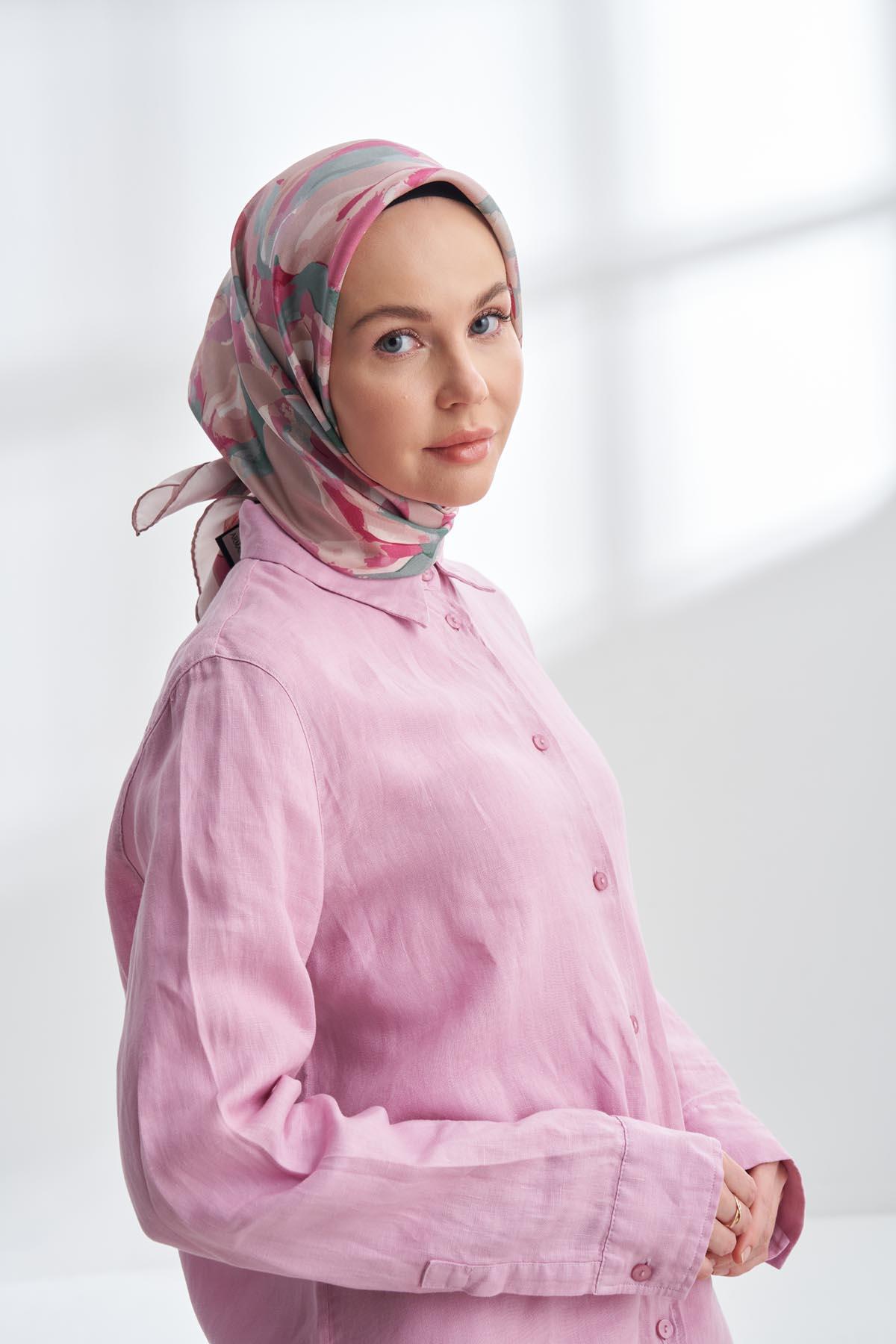 Armanda Crayon Desen Tivil İpek Eşarp 4305-Sisli Pudra