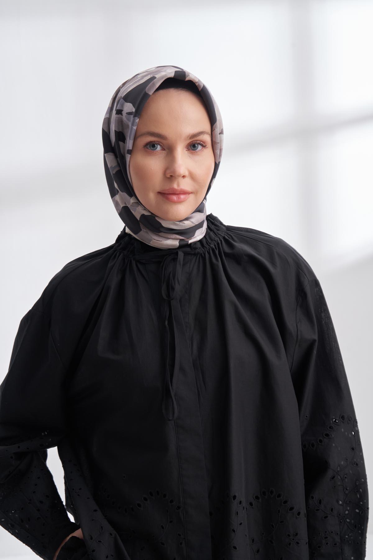 Armanda Crayon Desen Tivil İpek Eşarp 4305-Siyah Vizon