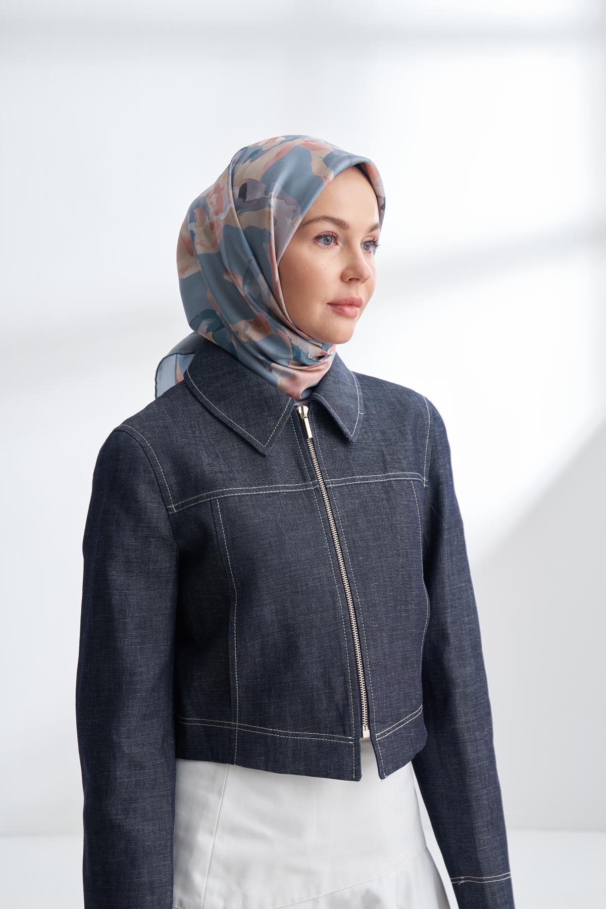 Armanda Crayon Desen Tivil İpek Eşarp 4305-Soft Mavi