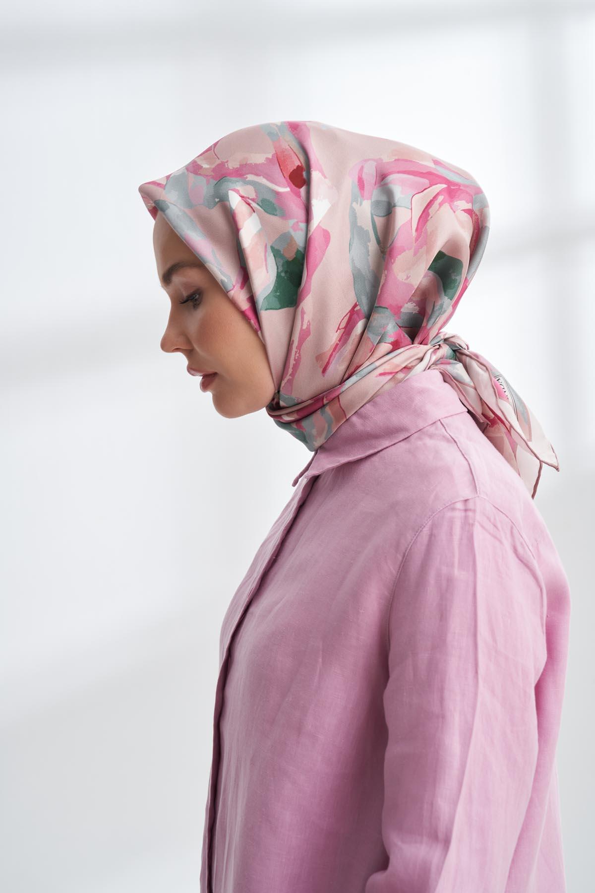 Armanda Crayon Desen Tivil İpek Eşarp 4305-Sisli Pudra