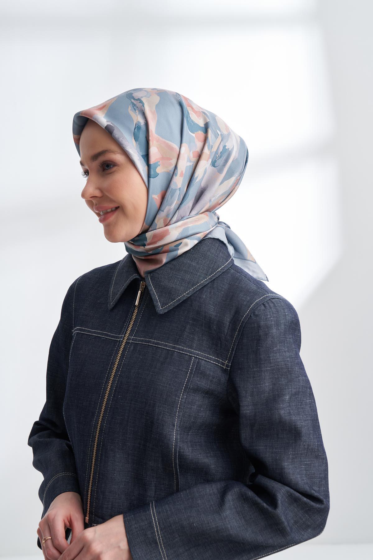 Armanda Crayon Desen Tivil İpek Eşarp 4305-Soft Mavi