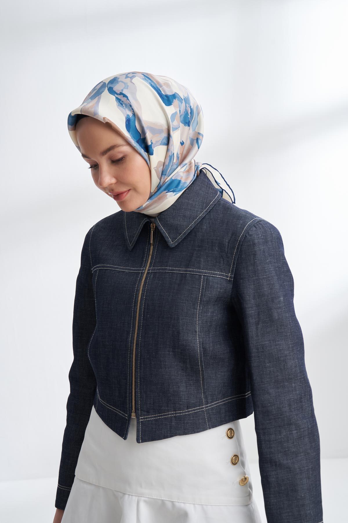 Armanda Crayon Desen Tivil İpek Eşarp 4305-İndigo