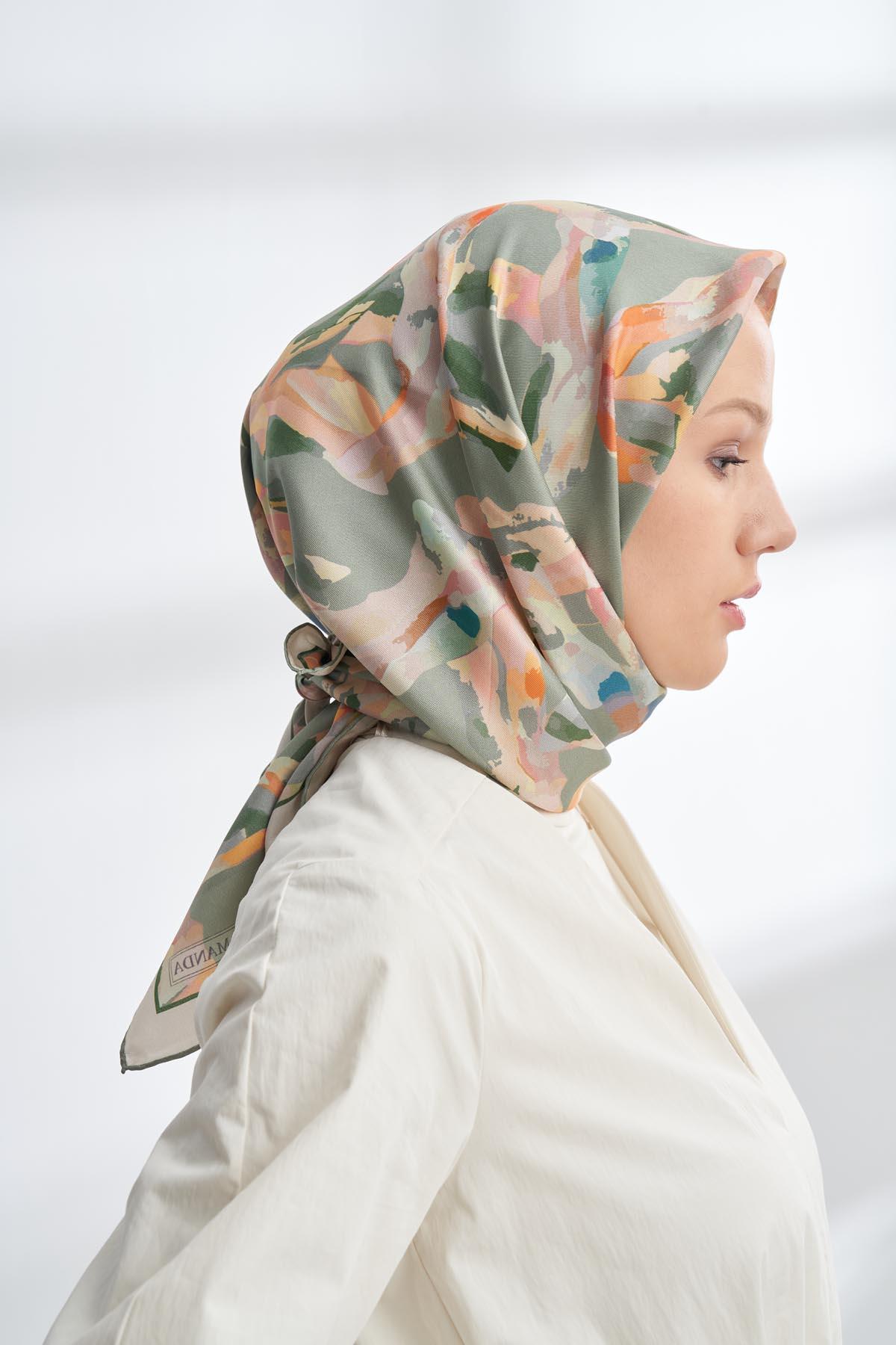 Armanda Crayon Desen Tivil İpek Eşarp 4305-Keten Yeşili