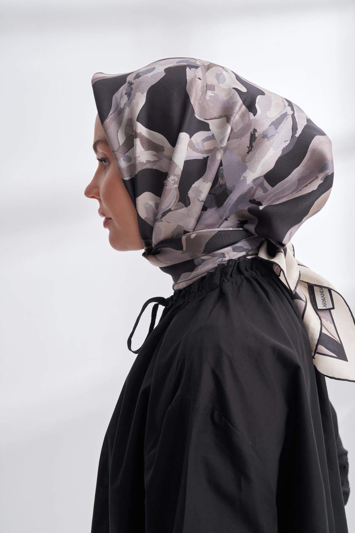 Armanda Crayon Desen Tivil İpek Eşarp 4305-Siyah Vizon