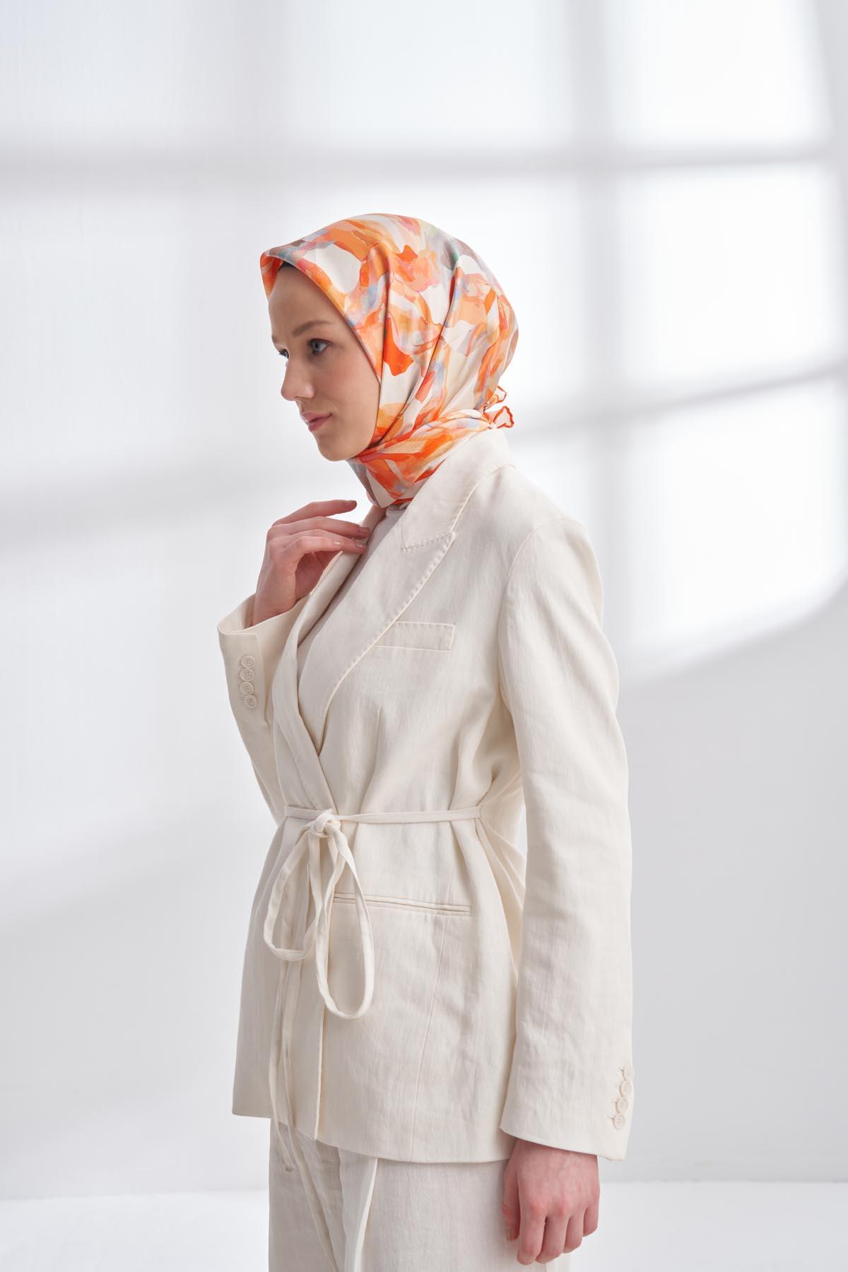 Armanda Crayon Desen Tivil İpek Eşarp 4305-Orange