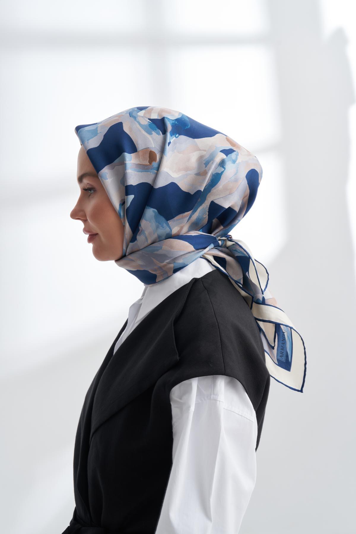 Armanda Crayon Desen Tivil İpek Eşarp 4305-Lacivert