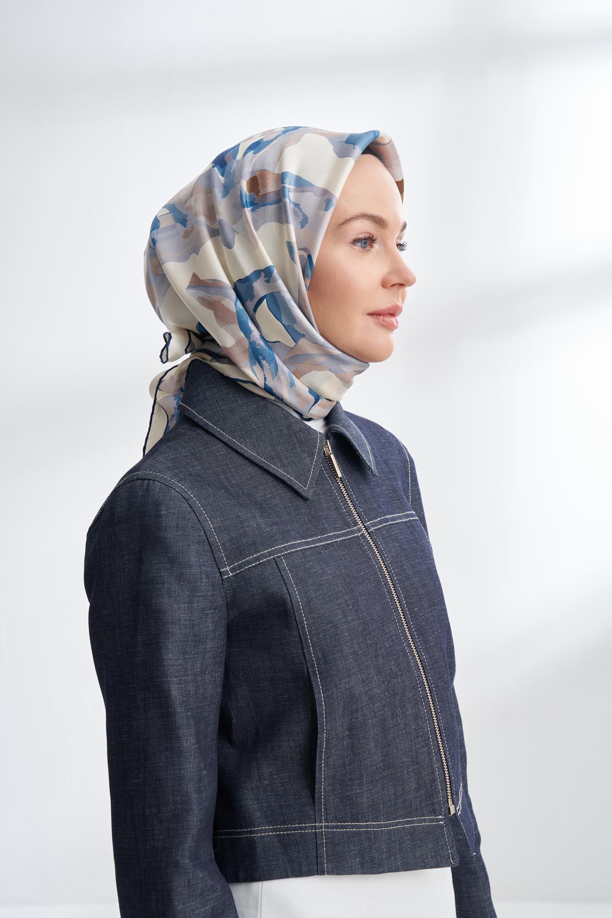 Armanda Crayon Desen Tivil İpek Eşarp 4305-İndigo