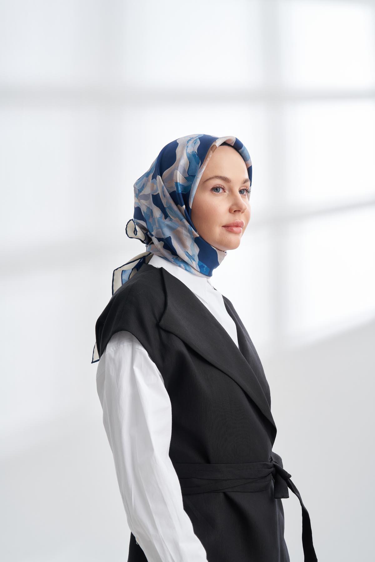 Armanda Crayon Desen Tivil İpek Eşarp 4305-Lacivert