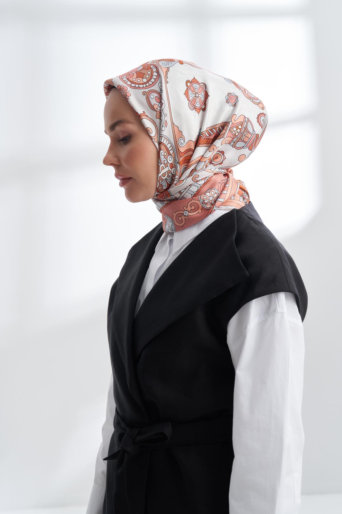 Armanda Crown Desen Tivil İpek Eşarp 4321-Bakır