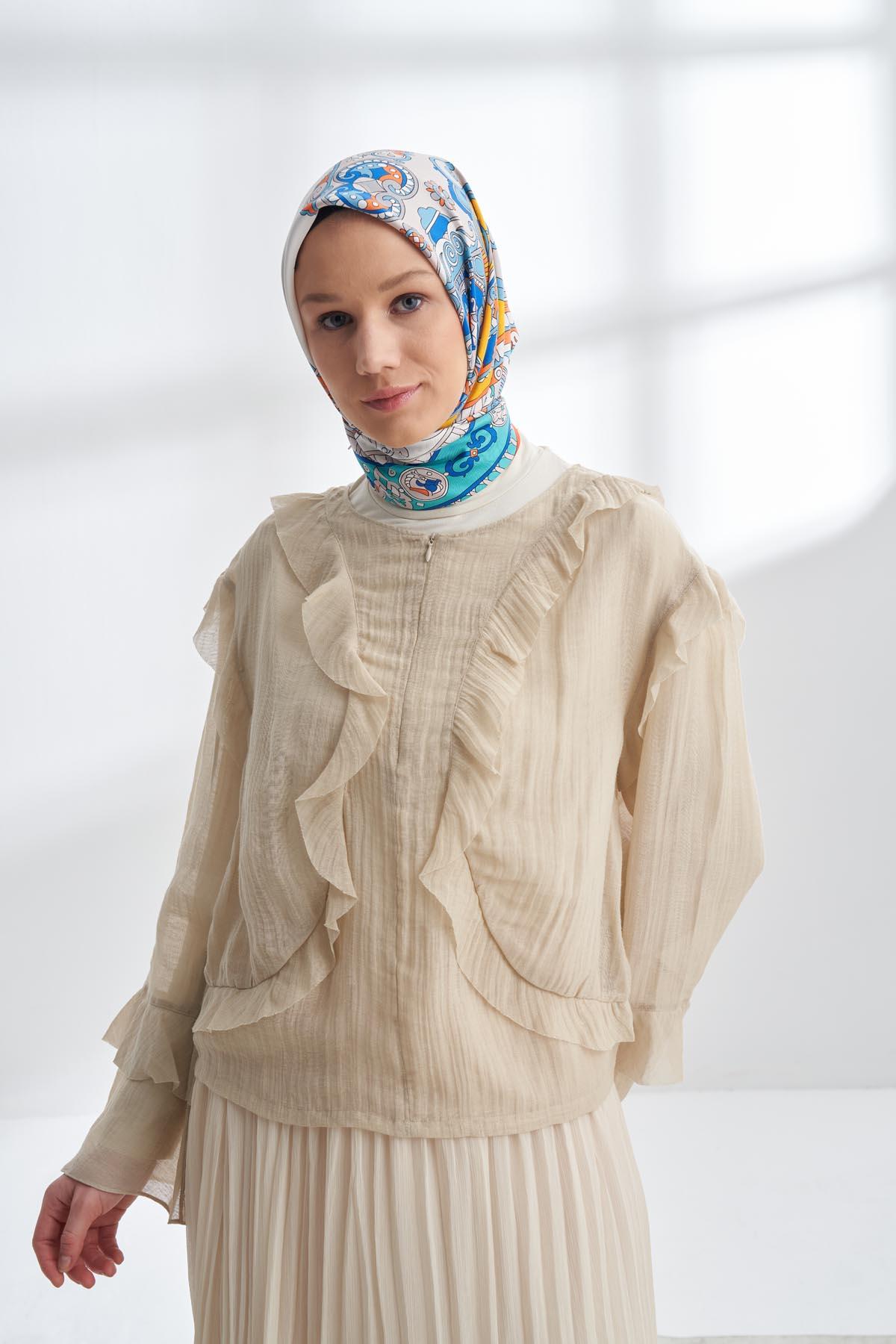 Armanda Crown Desen Tivil İpek Eşarp 4321-Turkuaz