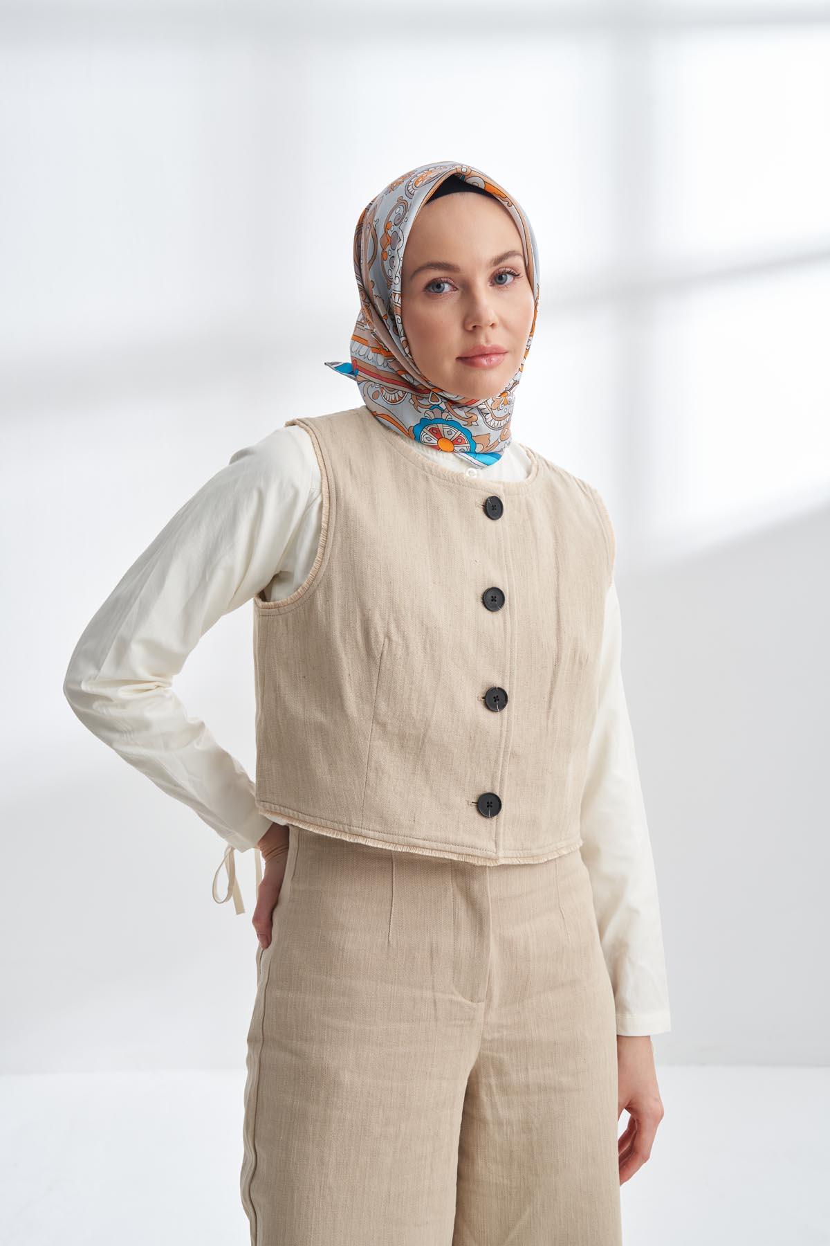 Armanda Crown Desen Tivil İpek Eşarp 4321-Kamel