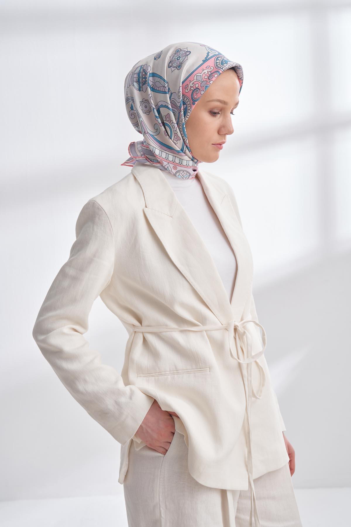 Armanda Crown Desen Tivil İpek Eşarp 4321-Gülpembe