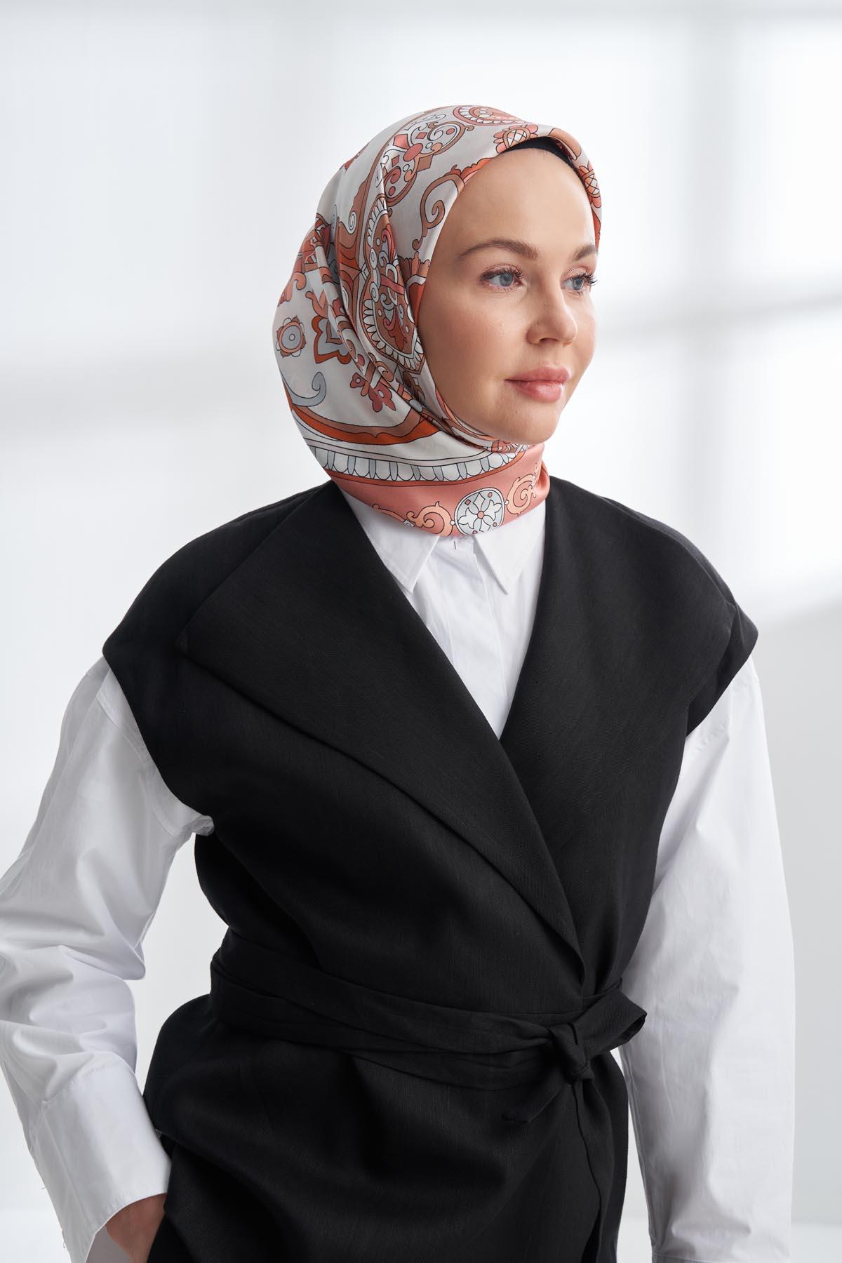 Armanda Crown Desen Tivil İpek Eşarp 4321-Bakır