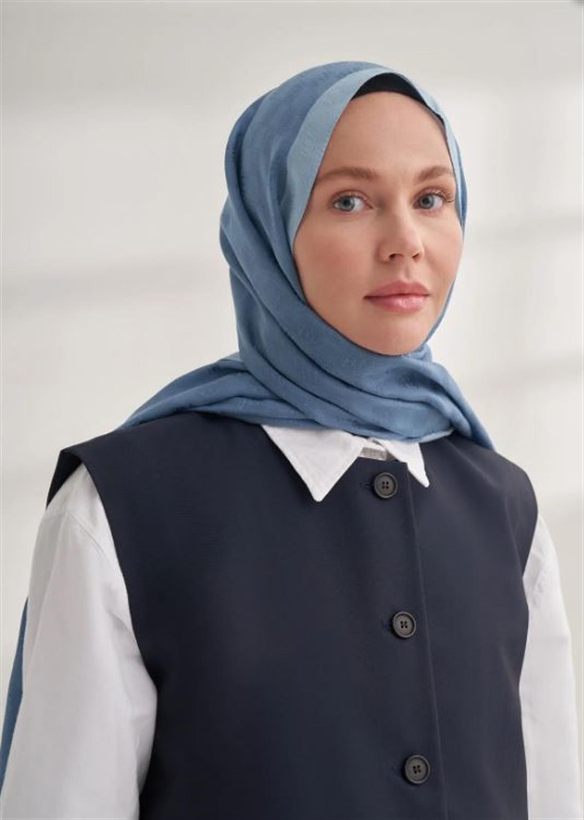 Armanda Dama Monogram Desenli Şal 3041-Kot Mavi