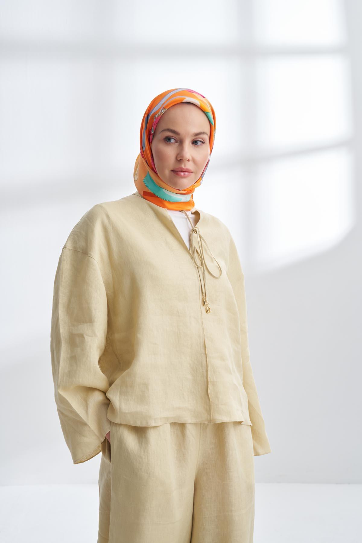 Armanda Fior Desen Tivil İpek Eşarp 4324-Orange